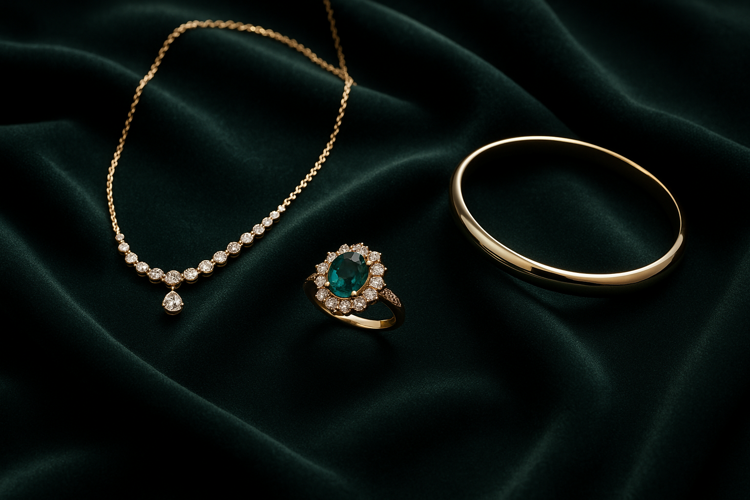 Generate an image of a necklace, ring and bangle placed in a dark green cloth in HD quality